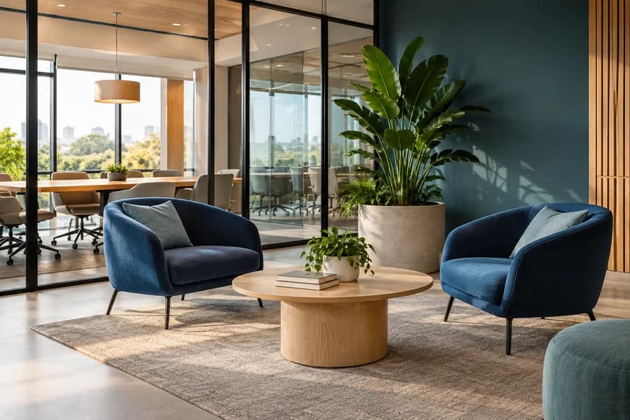 Ambiente organizacional ilustrativo com espaço de convivência, luz natural e vegetação